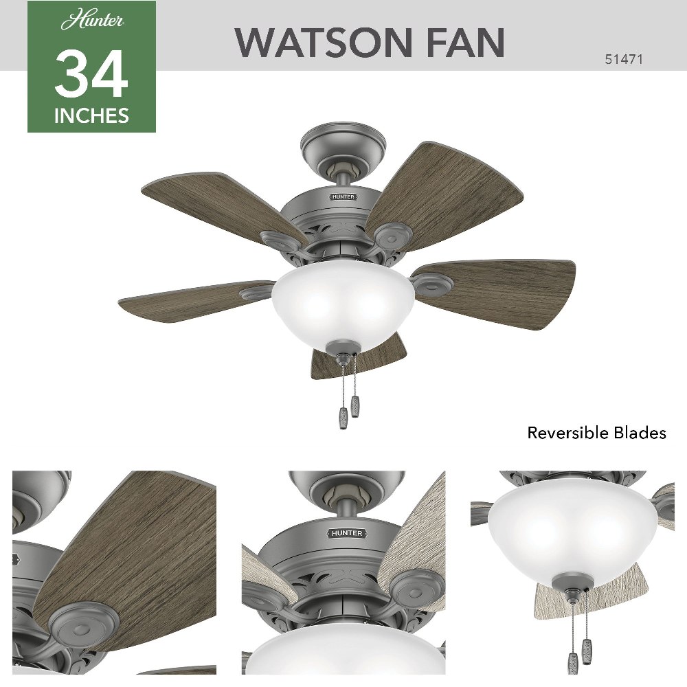Hunter 52089 Watson 34-Inch Snow White Ceiling Fan with Five Snow White/Bleached Oak Blades and a Light Kit Hunter Fan 